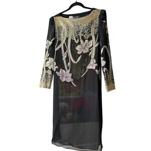 0119‎ Vintage Shangri-La Sequin Cocktail Dress Black Gold 7/8